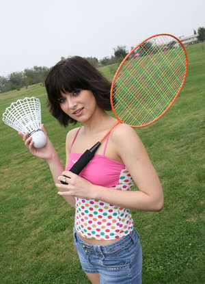 18 year old cutie Christine Paradise pulling denim shorts aside